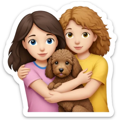 One girl with medium long dark brown hair dressing baby pink T-shirt, hugging One little brown coated labradoodle and a yellow-headed, blue-bellied macaw sticker