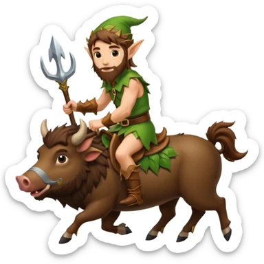 tiny forest elf man long brown hair beard riding boar sticker