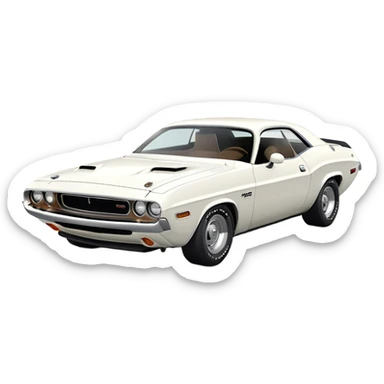 All-white 1971 Dodge Challenger, three-quarter view at 30-degree angle, showing partial front and side, minimalist iOS emoji style, no stripes or decorations, pure white sticker