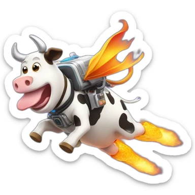 side-on view of cow flying to space while wearing a jetpack that is emitting flames, legs being pushed back by the wind sticker