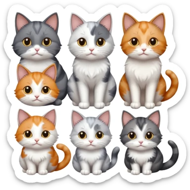 6 realistic looking cats with different natural coloured coats, assorted grey and white, greys, calico, brown and white colours etc
 sticker
