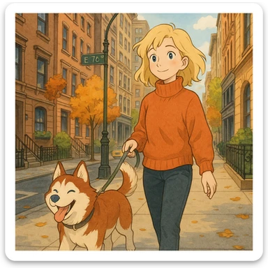 Cute Blonde woman wearing a sweater walking a happy red-brown blue-eyed Siberian husky in New York City on an upper east side city sidewalk  sticker
