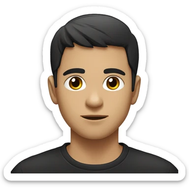 The image shows a young man with short, styled black hair wearing a dark, plain t-shirt. His face is calm, slightly turned to the side, with a focused expression sticker