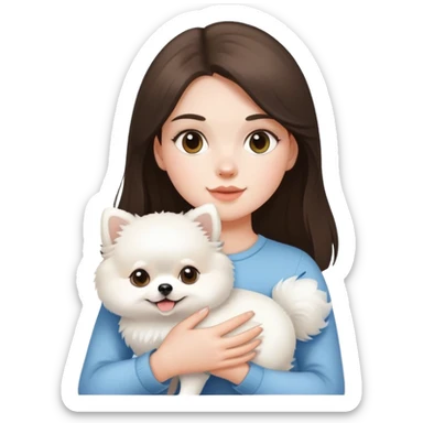 White Brunette girl holding a white pomeranian  sticker