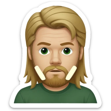 Ryan Dunn with long dark blonde hair, dark green shirt sticker
