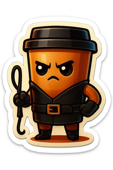 Tall coffee cup, dressed in leather holding a whipping crop, serious expression sticker