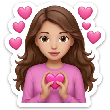 girl with long wavy brown hair, brown eyes, light to medium complexion, in a pink shirt, pink lips, long lashes, many  hearts in hand sticker