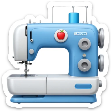 Emoji of a modern sewing machine inspired by a Brother machine. Soft, rounded shapes in the style of Apple emojis, with subtle gradients and soft shadows. White body with light gray details, a blue thread spool on top, a small digital screen and a round dial. sticker