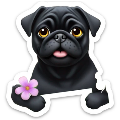 Black pug , surrounded by flowers, holding a green sign that says “good luck”  sticker