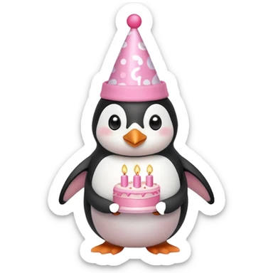 cute penguin  hold a pink birthday cake in both arms with pink birthday hat sticker