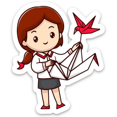 A happy Ukrainian young girl with brown hair in a white embroidered shirt makes an origami red crane craft sticker