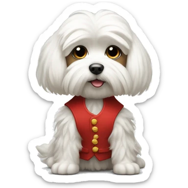 Maltese wearing a red vest with to bleck straps one in the front one around the belly  sticker
