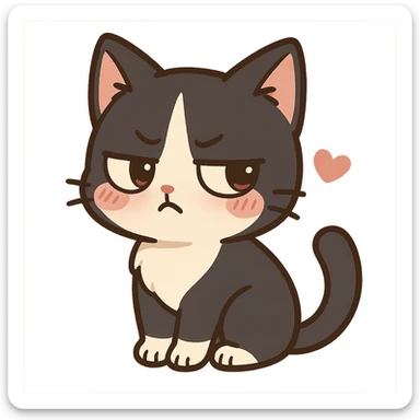 Make a cow cat into a cat in a tuxedo, with black and white fur and a tsundere, cute expression. Keep it in a playful chibi sticker style with no background. sticker