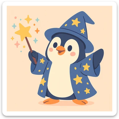 cute penguin wizard casting a spell, sparkles, starry robe, soft pastel cartoon style sticker