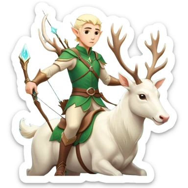 clash-of-clans-aesthetic-blond-male elf-archer-portrait-emoji, rendered in a flat, vector-style with minimal shading and bold, simplified shapes, head tilted slightly forward with a determined, focused expression, riding a majestic white stag whose antlers glow with mystical energy, set against an ancient, enchanted forest backdrop. sticker