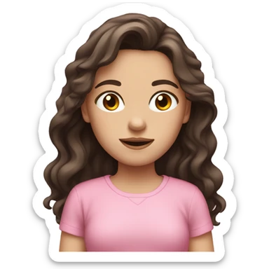 pale girl with long dark brown wavy hair and a pink shirt sticker