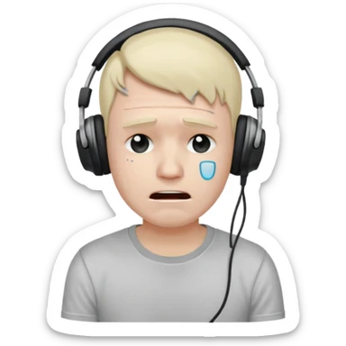 Male, crying, wearing headphone having mic, t-shirt 
 sticker