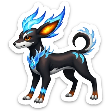 Fiery black and white blue flames solarpunky elemental colorful hot will-o-wispy Houndoom-Torracat-Genesect-Pokémon-Fakémon-hybrid-creature sticker