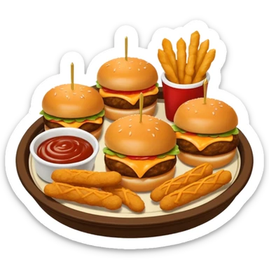 emoji of a Tripper Dipper appetizer platter from Chili’s. The emoji should feature two mini cheeseburger sliders with glossy brioche buns and melted cheese, crispy golden mozzarella sticks, and saucy chicken tenders arranged in a small basket with three dipping sauces in round cup sticker