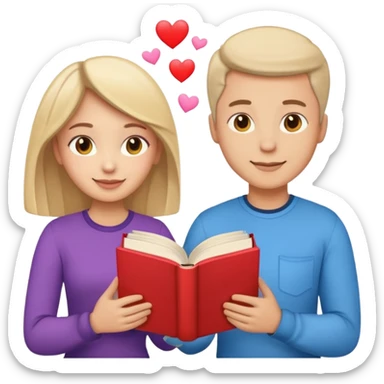 A man and a woman facing each other, both holding a single book together. From the book, colorful heart emojis are popping out playfully, creating a cheerful and romantic atmosphere sticker