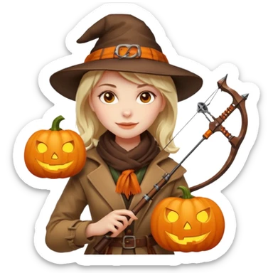 female human monster hunter emoji, wearing brown coat and hat, holding crossbow, soft smile, scarf, glowing pumpkin by her side, Halloween fantasy style, clean vector Apple emoji look, bright colors, white background, square sticker