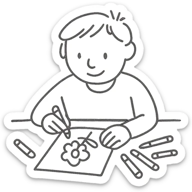 a person sitting at a table coloring a page with art supplies like crayons and colored pencils around them, simple artistic coloring page scene, clear black outlines, no color, suitable for coloring sticker