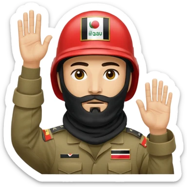 surrenders, depicts an Iraqi soldier from 1980, with a beard, in a helmet, a helmet with sign flag Iraq, with a balaclava, with sad eyes and both hands raised up sticker