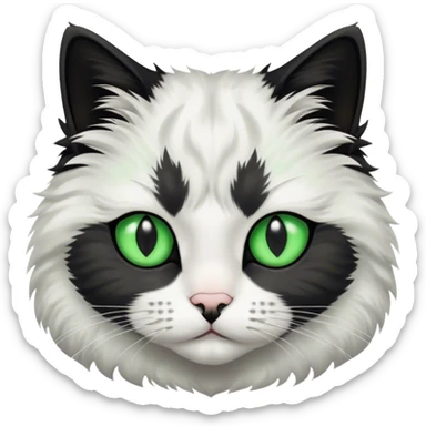 This fluffy cat has a black and white coat with a white face marked by a black patch over the forehead, bright green eyes, and a black nose bridge sticker