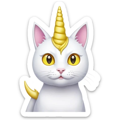 a cat with a yellow unicorn horn and the cat is white sticker