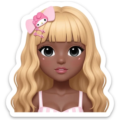 Gyaru makeup, himegyaru, my melody hairclip, cutecore, doll eyes, Doll, big chest, dark brown skin, with middle part wavy long blonde hair,  black cute eyes, cute lips with Gyaru outfit sticker