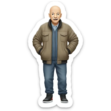 Old men(50 years old), bald, wearing Jordan 1 with a Perfect fit  sticker