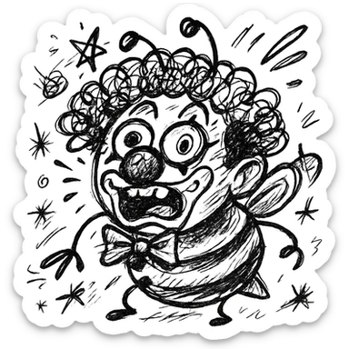 Transform this bee into a clown bee in a chaotic black outlined icon style. Add a clown nose, colorful wig, and exaggerated clown makeup, keeping the chaotic and expressive look. sticker