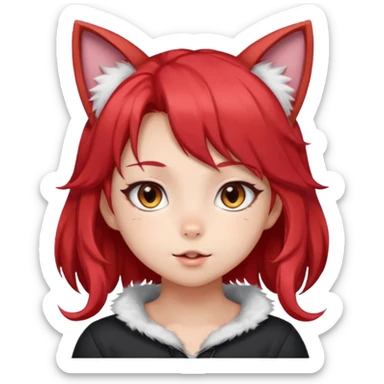 very cute anime cat-girl with cat ears, red blowing hair sticker