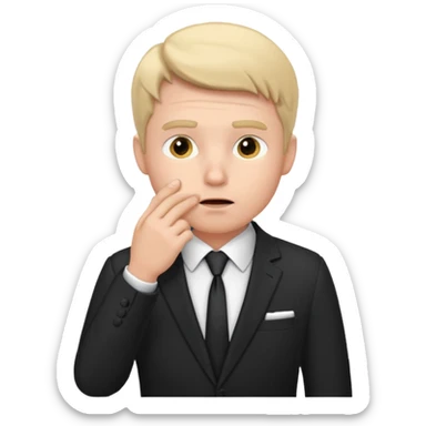 white man in formal suit thinking hard, hand to mouth sticker