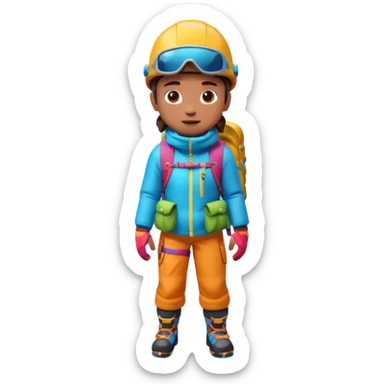 A 3D cartoon mountaineer standing on a snowy Everest-like summit with a flag, wearing colorful climbing gear, soft lighting, Memoji-style.negative : Flag sticker