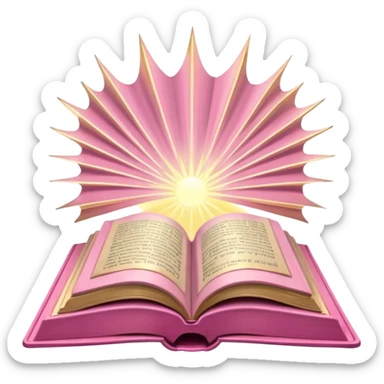 An open pink book with glowing light rays emerging from its pages, magical atmosphere, sticker