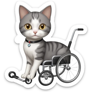 full body small short hair dark grey and white cat with hazel eyes walking in a wheelchair for cats sticker