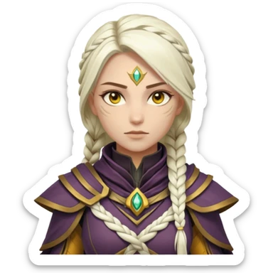 Destiny 2 warlock, female, long white braid, gold yellow eyes, no helmet, novice armor sticker