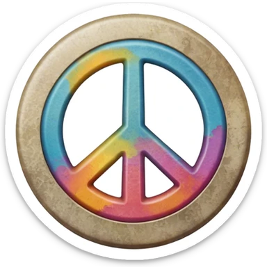 A round hippie colored button with a peace sign in the center sticker