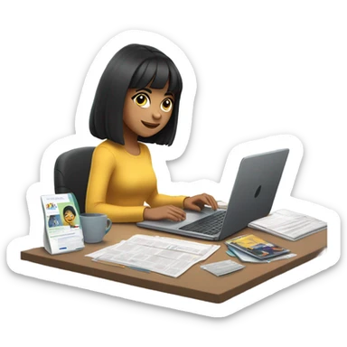 dark-haired girl with bangs working on a laptop (she is a marketer) sticker