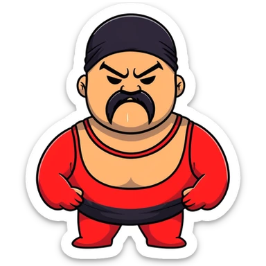 White skin fat guy with prominent black durag, short black beard and mustache, black eyes in a red and black wrestling singlet with angry face sticker