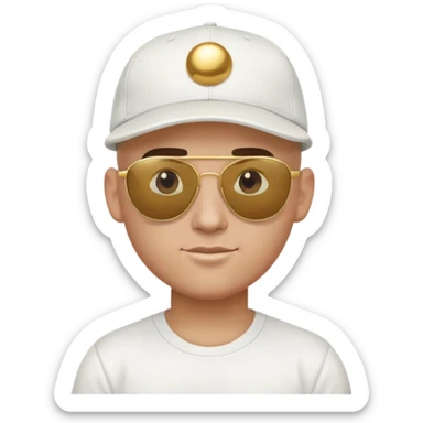 a bald jock wearing a baseball cap in a white T-shirt and round gold sunglasses sticker