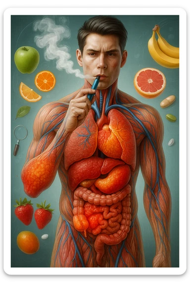 A medical illustration of a realistic human body with inflamed liver and intestine in evidence, while smoking an electronic cigarette, hyperrealistic, identical style to the reference image, vertical 9:16 format. sticker