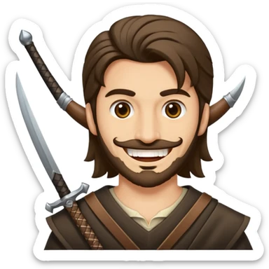 Haz que tenga una sonrisa epica una cicatriz en el ojo serrado y una espada entre los dientes y dos más a cada lado. sticker