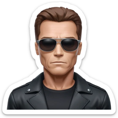 Schwarzenegger-like Terminator, upper body only, wearing his iconic clothes in black (all clothes must be black), looking more human with minimal robotic details, and wearing dark sunglasses, view from the side sticker