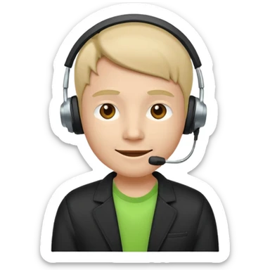 A modern flat emoji depicting a call center employee wearing a light green T-shirt and black jacket, with a headset, a friendly expression, a minimalist design, bright colors, and a white or transparent background. sticker