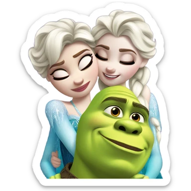 Frozen Elsa giving a hug to shrek and a kiss sticker