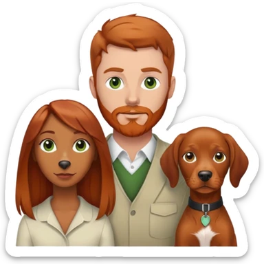 White male with green eyes red beard and brown hair and a tan female with brown eyes and balayage long hair and vizsla dog sticker