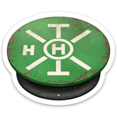 a helipad with a green surface and an H in the center sticker