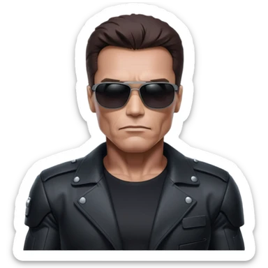 Schwarzenegger-like Terminator, upper body only, wearing his iconic clothes in black (all clothes must be black), looking more human with minimal robotic details, and wearing dark sunglasses, hair must be dark sticker
